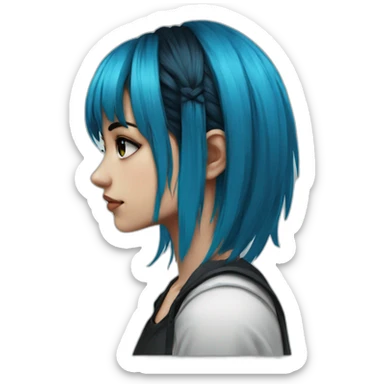 Side profile sad emo girl, black makeup, long choppy blue hair side bangs sticker