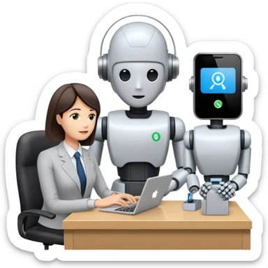 Digital Labour as an example of Agents at work in a workplace setting. I want to see a traditional office worker and a support co worker that is an AI Agent [Not a Robot]. sticker