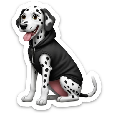 Dalmatian wearing a black hoodie with a tongue out sticker