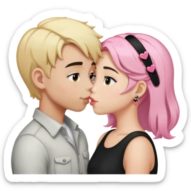 Boy with blonde hair kissing girl with black hair and two pink hair clips in hair  sticker
