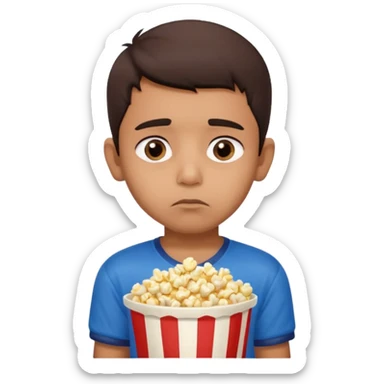 an indian boy wearing indian cricket jersey and eating popcorn and looking sad sticker
