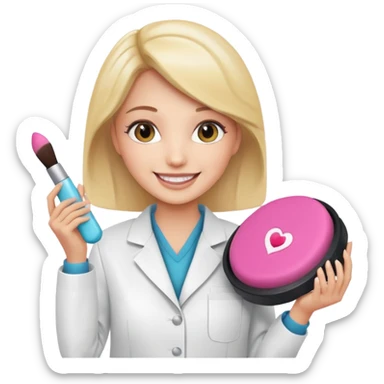 woman wearing a lab jacket holding a makeup cushion showing pride in new technology sticker