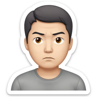 Asian man in a gray shirt with a frown sticker