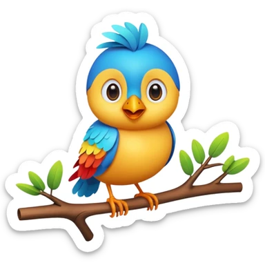A colorful 3D cartoon bird perched on a small branch, bright feathers, round eyes, and cheerful smile, soft lighting, Memoji-style rendering. sticker