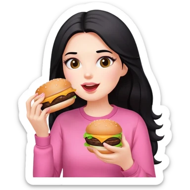 White girl in pink clothes and long black hair eating burger sticker