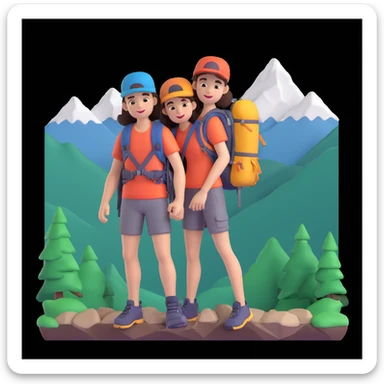 back packer couple posing, mountains in background,   close up pose sticker