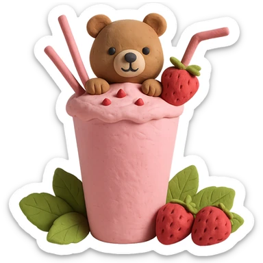Strawberry milkshake cup with a straw, cute bear peeking out, two strawberries with green leaves, pastel colors, soft shadows, clean and minimalistic, 3D claymation style, no background sticker