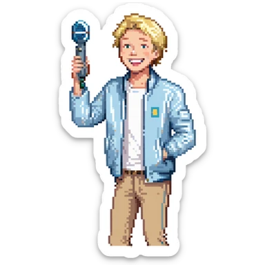 Pixel art style, expressive male performer, Caucasian features, short sandy blonde hair, lively eyes, wide cheerful smile, wearing a sky blue jacket over white tee, tossing a microphone in one hand, waist-up, front-facing sticker