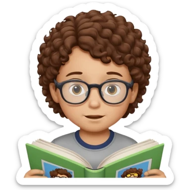 little boy with brown curly hair, wearing glasses, reading comic book sticker