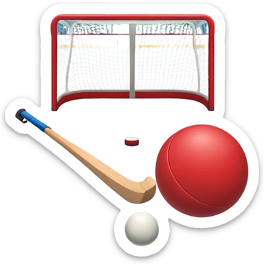 A red ball and hockey stick resting on an ice rink, with the goalposts and clear markings in the background. The scene captures the unique nature of field hockey with a ball on ice, emphasizing the speed and precision of the sport in a cold, competitive atmosphere. sticker