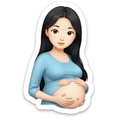 Beautiful Asian girl with long black hair, pregnant belly sticker