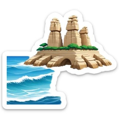 Cinematic Realistic Raouche Rocks, Beirut Landmark Emoji, depicting the majestic limestone rock formations rising from the Mediterranean Sea, with waves crashing against their bases under a vibrant sky. sticker
