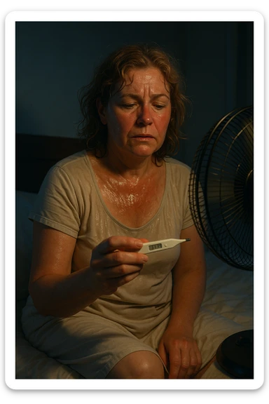 50-year-old woman sitting on bed at 3AM, nightgown soaked in sweat, face flushed as she holds thermometer showing 37.8°C, fan blowing directly on her sticker