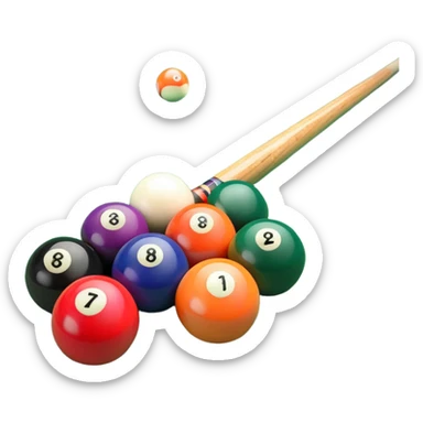 A close-up of a pool cue aimed at a set of colorful billiard balls resting on a green felt table. The focus is on the cue stick and the arrangement of balls, with subtle details of the game’s texture and atmosphere, emphasizing the precision and skill of billiards. sticker