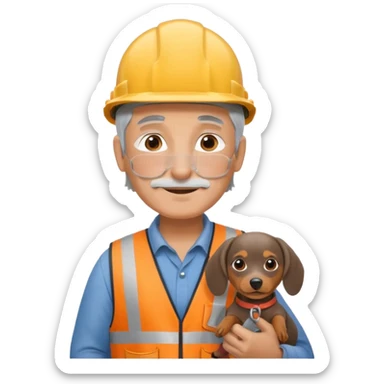 Construction worker with gray hair and weiner dog sticker