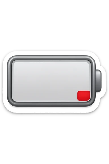iPhone-style emoji of a battery that is almost empty, with a red bar at the end indicating low energy. Clean, minimal, glossy look, transparent background. sticker