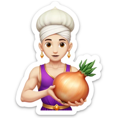 The white Genie of the Lamp, holding a big onion violet  sticker