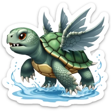 A fierce turtle with sharp spikes on its shell, dragon wings, sharp fangs, fierce claws, shooting a powerful water jet and steam from its mouth sticker