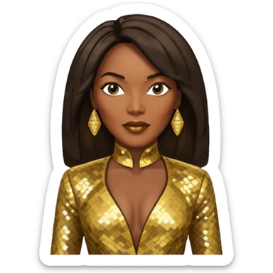 Angela Bassett with long dark brown hair, gold sequin outfit sticker