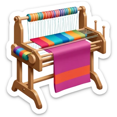 Weaving icon, loom with colorful fabric being woven, visible shuttle, spools of yarn, fabric swatches, sewing patterns, and finished clothing items, minimalistic style, clean lines, transparent background. sticker
