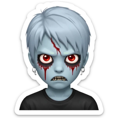  3D emoji-style avatar with very pale blue-grey zombie skin , a young Asian face, and large eyes with blood tears. Give it white litle bit messy mullet hair style , silver hoop earrings, and a plain black T-shirt. The face expression should be slightly angry, with vampire fang sticker