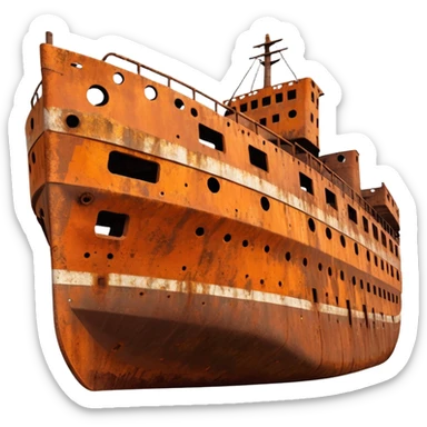 rusted ship wreck, heavily corroded metal hull, orange-brown rust textures, abandoned old ship, weathered surface, dramatic lighting, cinematic atmosphere, 3D cartoon style, mobile game environment art, clean composition, no people, no text, no watermark
 sticker