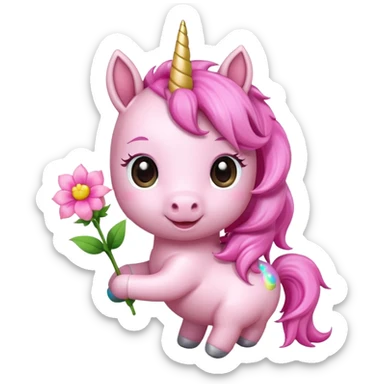 Cute happy anime  pink baby unicorn holding a flower 
 sticker