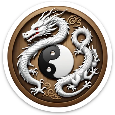 An icon symbolizing Eastern martial arts in the style of an emblem, featuring a black-and-white Yin-Yang symbol and a dragon at the center, surrounded by elements like a dojo. Transparent background highlights balance and power. sticker