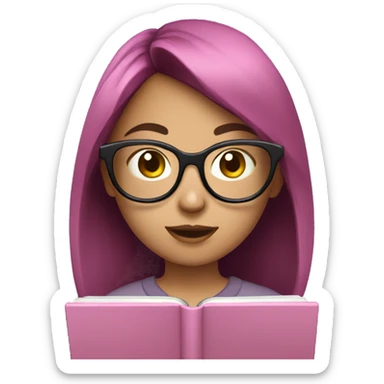 girl with glasses and dark hair reading on a pink tablet sticker