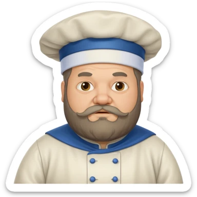 medieval fat chef, middle-aged, bearded, sly, grim-faced emoji, eil fac like hes hidinsomething sticker