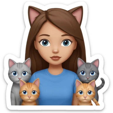 a pretty bratz dusky light skin girl with long brown hair, blue eyes with six cats nd wearing a grey tshirt sticker