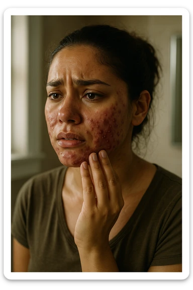A highly realistic, cinematic portrait of a young woman in her late 20s with medium skin tone, showing visibly inflamed, deep cystic acne along her jawline, cheeks, and chin. Her skin appears red and irritated around the acne nodules, with noticeable swelling and tenderness, illustrating the painful nature of cystic acne linked to PCOS. Her facial expression shows discomfort and emotional distress, with slightly teary eyes as she gently touches an inflamed area on her jawline with her fingertips. Her hair is pulled back to clearly show the acne areas, and her skin has a slightly oily texture due to androgen-related sebum overproduction. The environment is a softly lit bathroom with neutral daylight, emphasizing the skin texture, redness, and deep acne. The style is realistic, 35mm cinematic photography with warm, neutral tones, soft shadows, and clear skin detail, providing a compassionate yet direct visualization of PCOS-related cystic acne sticker
