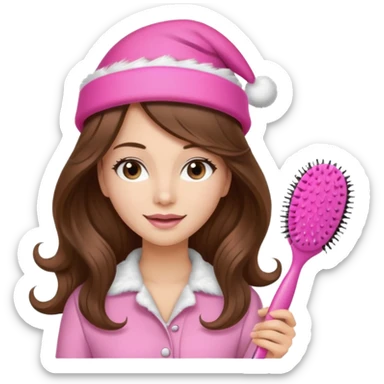 mujer peinandose en la peluqueria y con un gorro de navidad rosado, cabello largo café y ondulado sticker