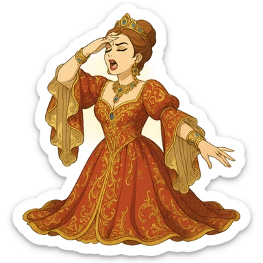Make the drama queen on stage even more glamorous by adding ornate jewelry, a more extravagant gown, dramatic makeup, and a radiant spotlight. Keep the ghibli style with no background. sticker
