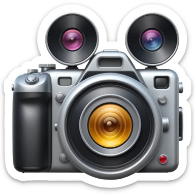 Minimal emoji icon of a huge cinematic metalic camera, front view, realistic lens, no gold sticker