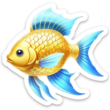 Ethereal golden fish symbol glowing with soft radiance, surrounded by a subtle blue aura. The fish has flowing, graceful lines with shimmering scales and translucent fins that appear to be moving in water. sticker