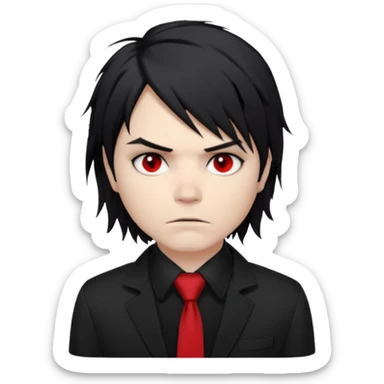Gerard Way (Revenge Era)
Round, simplified emoji style
Pale skin tone
Jet-black, shoulder-length hair messy and emo
Heavy eyeliner and slight red shadow under the eyes
Subtle serious
Hint of red tie visible on black button up shirt.
Transparent background. Black eyeliner. Messy emo hair sticker