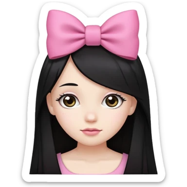 A girl with long, straight black hair, white skin, and a pink bow on the left side of her head sticker