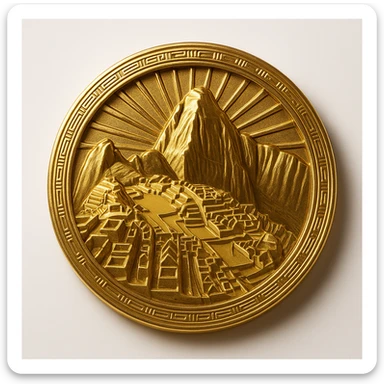 circular logo with Machu Picchu and sun rays, gold and terracotta colors, strong silhouette, Inca-inspired sticker