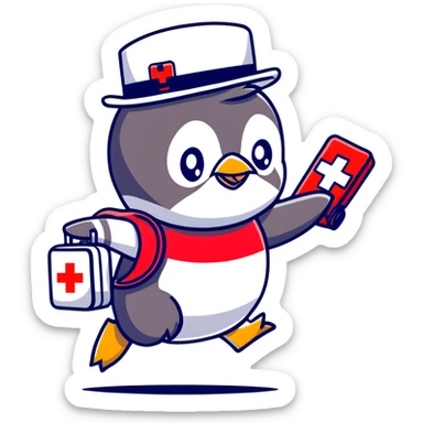 side view of a doctor penguin running with a top hat holding a first aid medical box with a red cross sticker