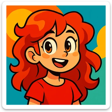 a girl with red, wavy hair, amber eyes, wearing a red top, vibrant cartoon style sticker