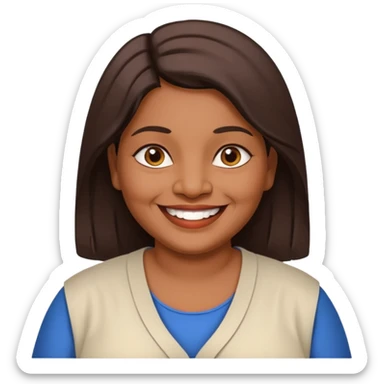 50 yr old chubby Sri Lankan woman, dark skin, straight brown hair, big smile, white teeth, european clothes, shoulder length hair sticker