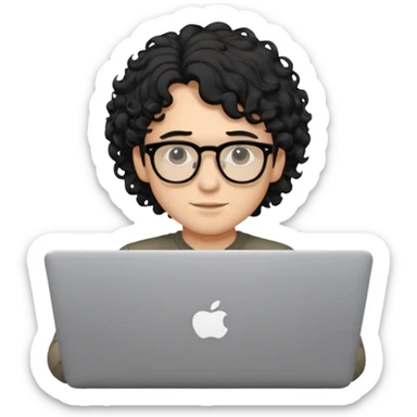 guy with wavy kinda curly black hair and light-to-medium skin tone like latino, half white and brown and glasses, with a macbook sticker