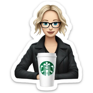Photo of Brunette Jennifer Lawrence wearing black glasses and blue eyes drinking Starbucks  sticker