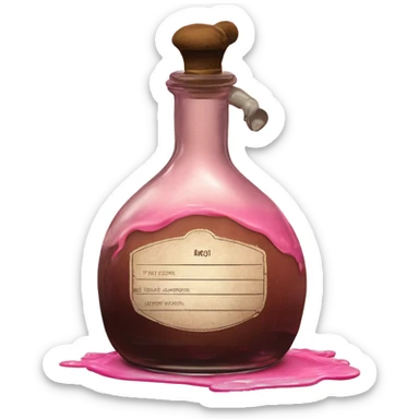 Mysterious Alchemical vintage glass potion bottle, exquisite bottle shape, old and shabby, with label, stylish and minimalistic, brown and pink, oil potion is poured out of the bottle, oil is spilled next to it sticker