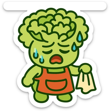 light green carnation flower with a messy apron and exhausted face, sweat dripping, holding a cleaning rag, super round chibi style, vibrant-toon style sticker