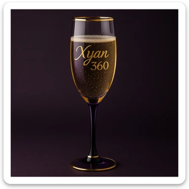 champagne glass with 'Xyan 360' etched in gold, purple and black accents, sophisticated and celebratory sticker