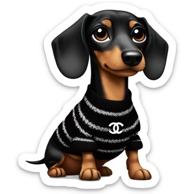 Dachshund wearing black and white Sweater with chanel logo  sticker