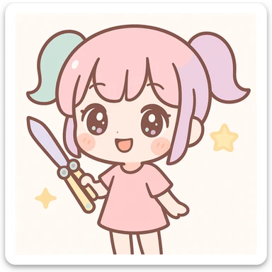 chibi anime girl with a balisong, oversized head, sparkling eyes, playful smile, pastel colors, simple background sticker