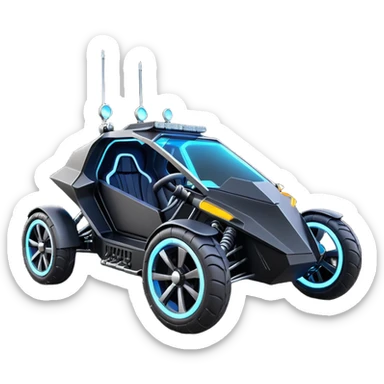 Mad max survival apocalypse ghostly sporty futuristic electric Darth Vader’s Batman-armored 1876 black graphite colored enclosed twin seat town buggy with horizontal holographic 3d stars painted on the body sides and neon under glow  sticker